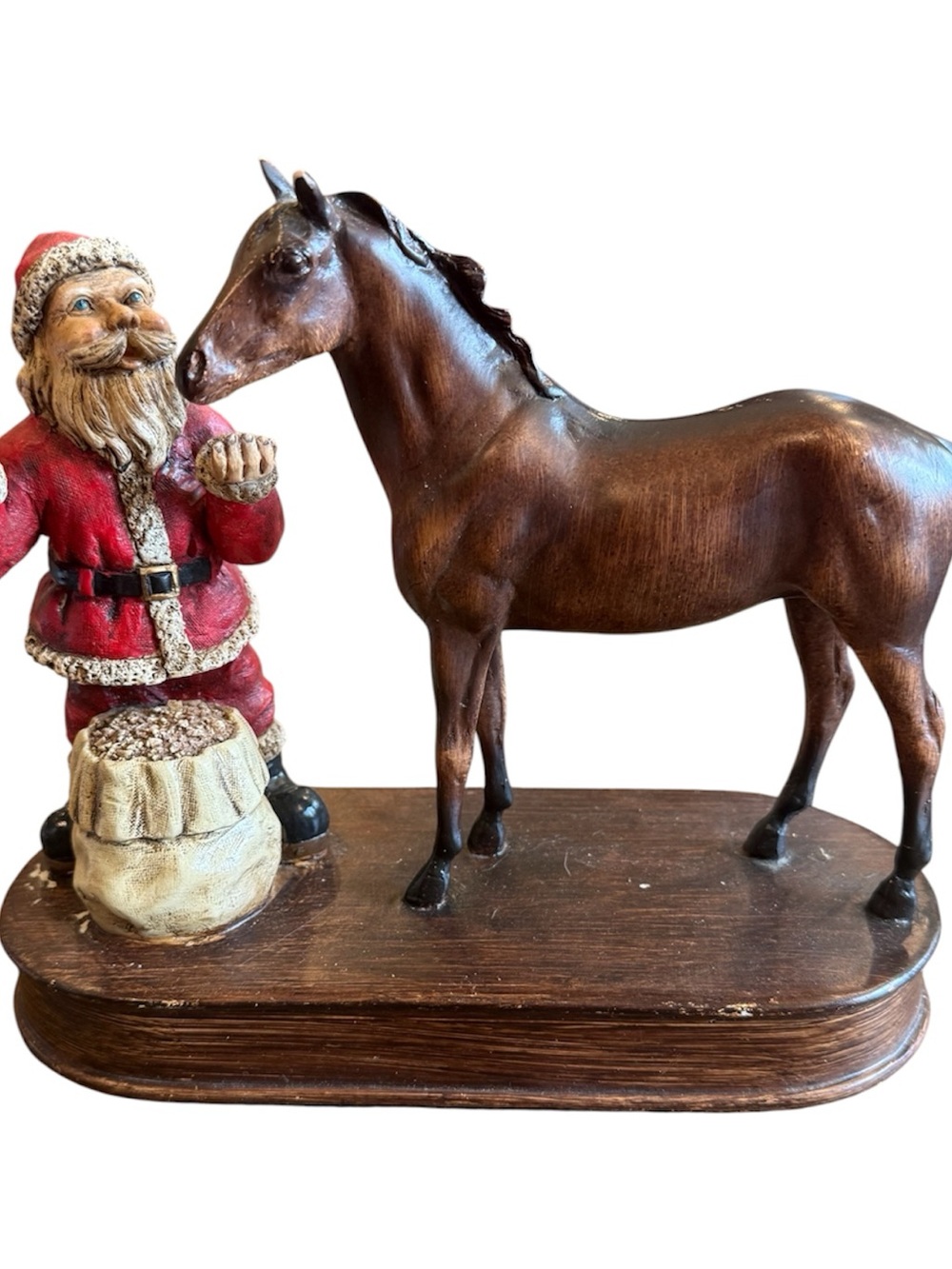 Holiday Santa and Horse Figurine - Brown/Red Decorative Statue heavy vintage